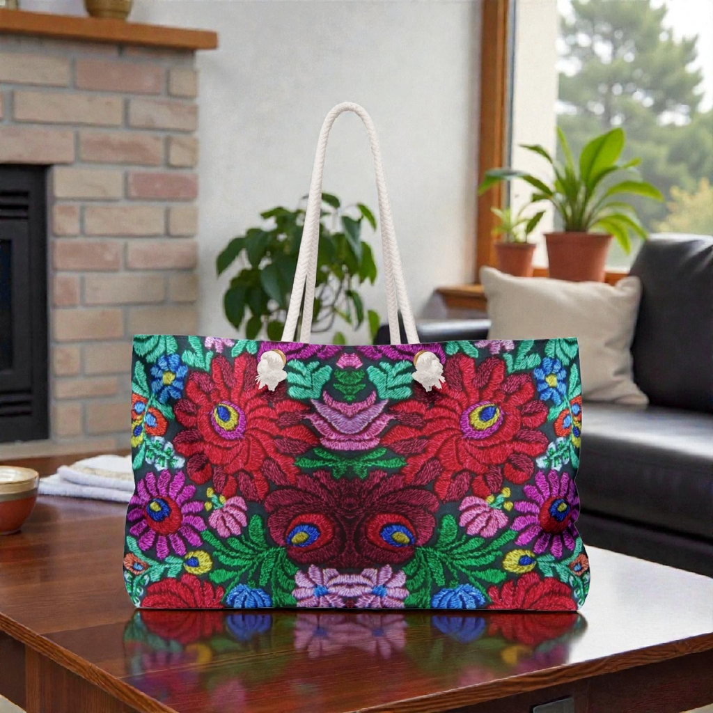 Boho Floral Weekender Bag — Vibrant Embroidered-Inspired Travel Tote Printify