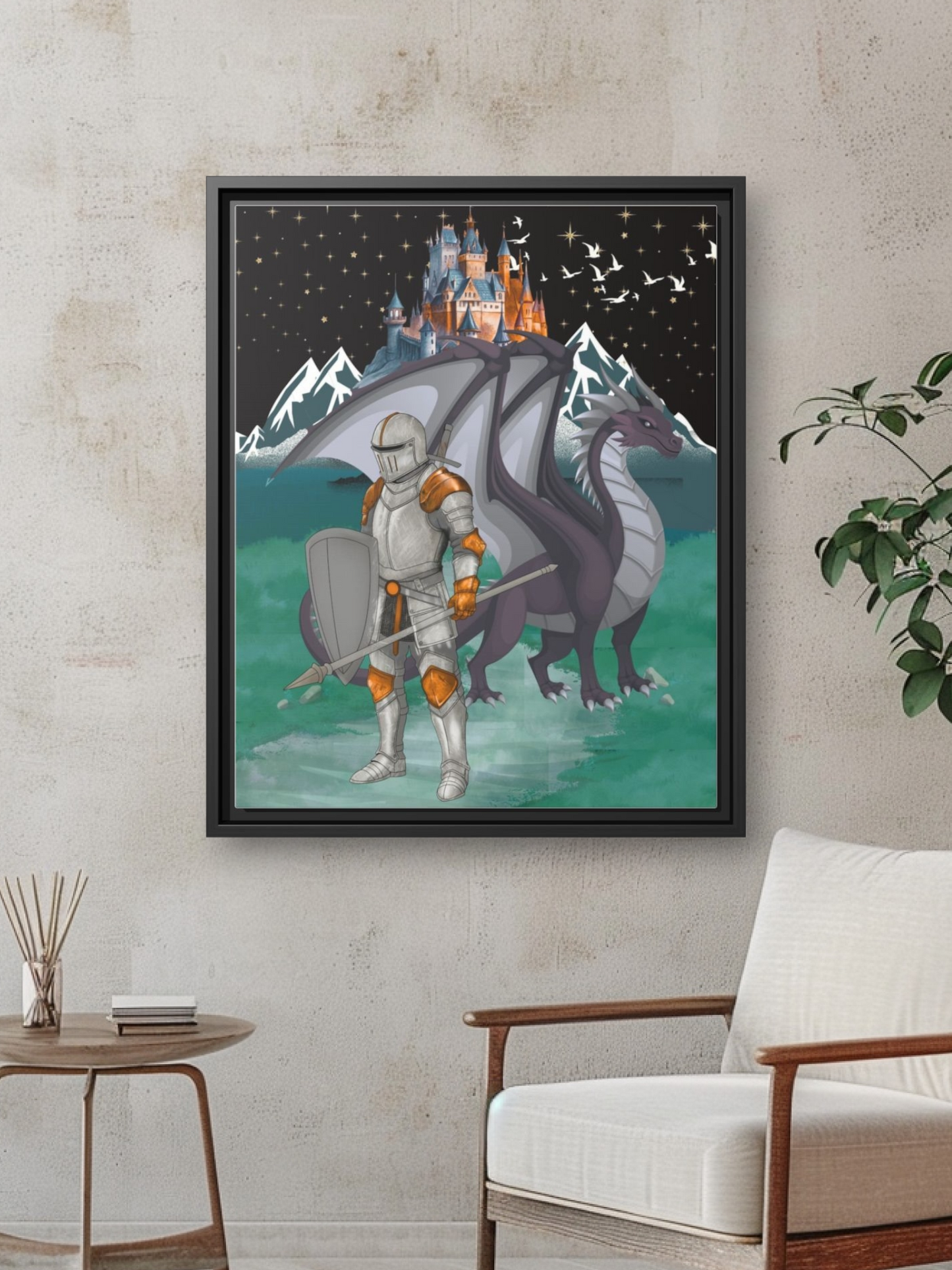 Knight and Dragon Fantasy Art, Framed Matte Canvas