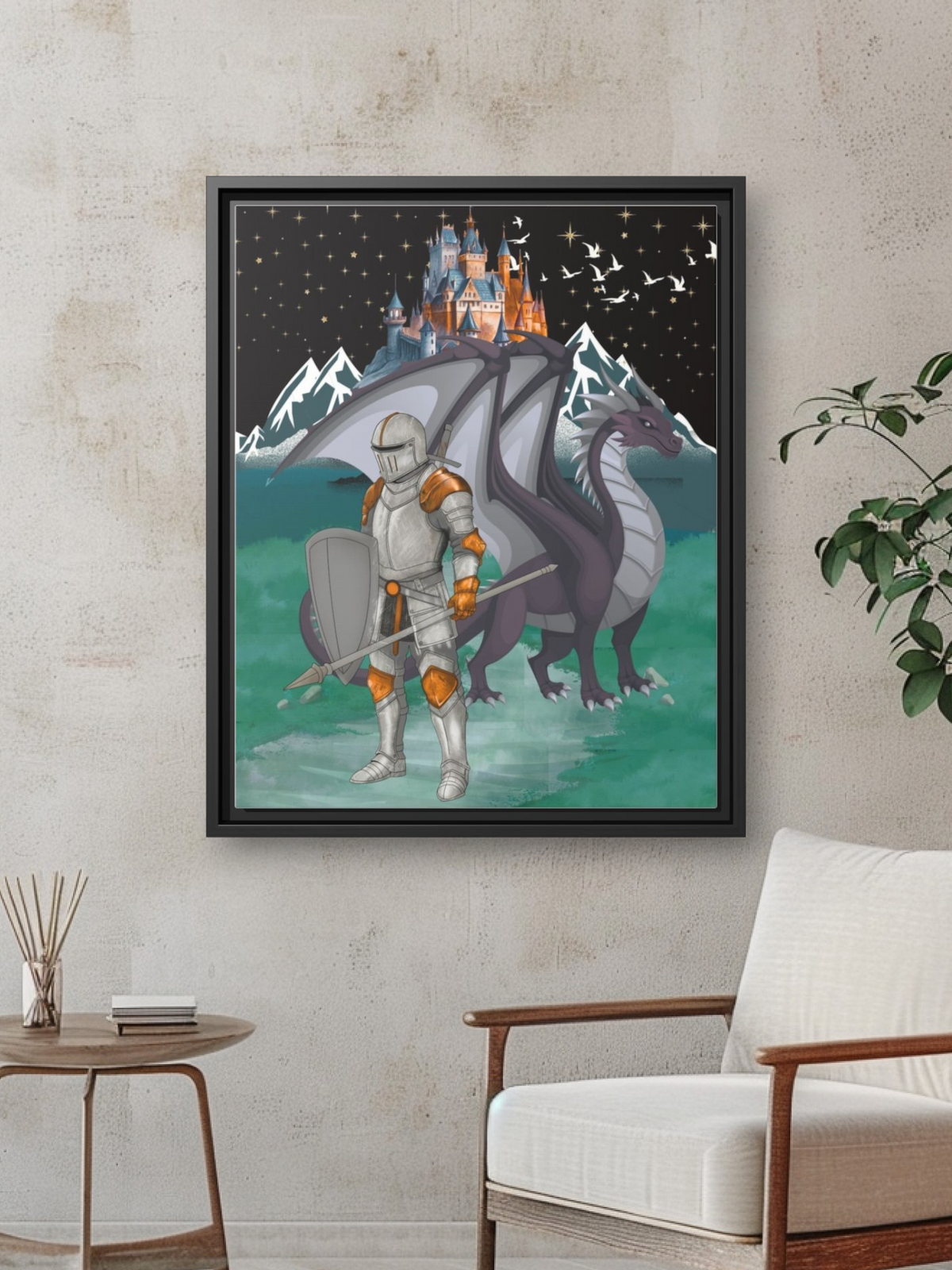 Knight and Dragon Fantasy Art, Framed Matte Canvas Printify