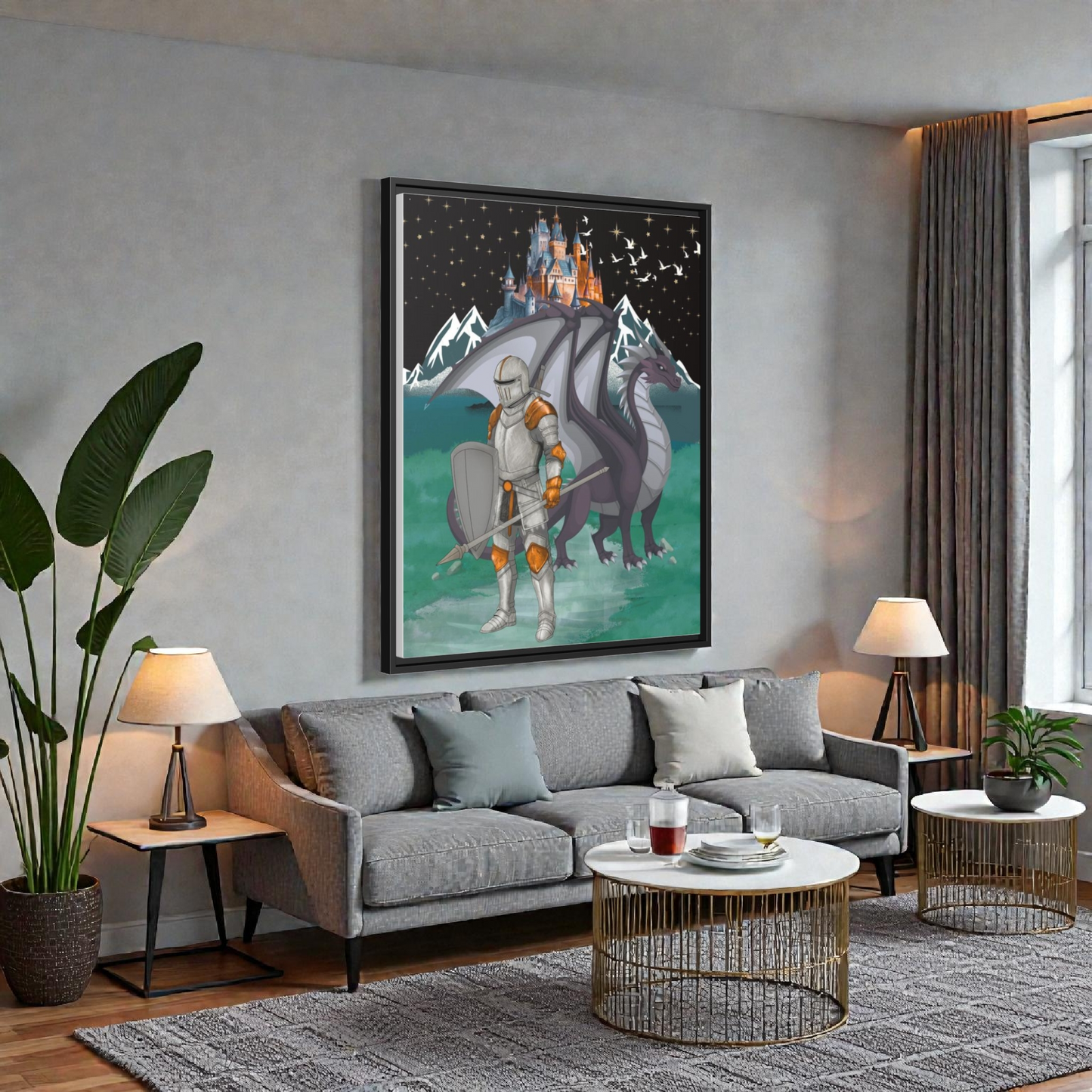 Knight and Dragon Fantasy Art, Framed Matte Canvas