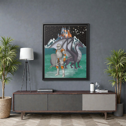 Knight and Dragon Fantasy Art, Framed Matte Canvas