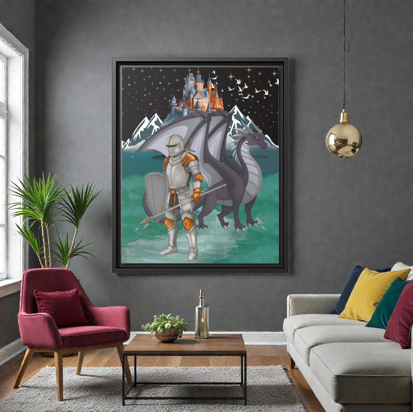 Knight and Dragon Fantasy Art, Framed Matte Canvas