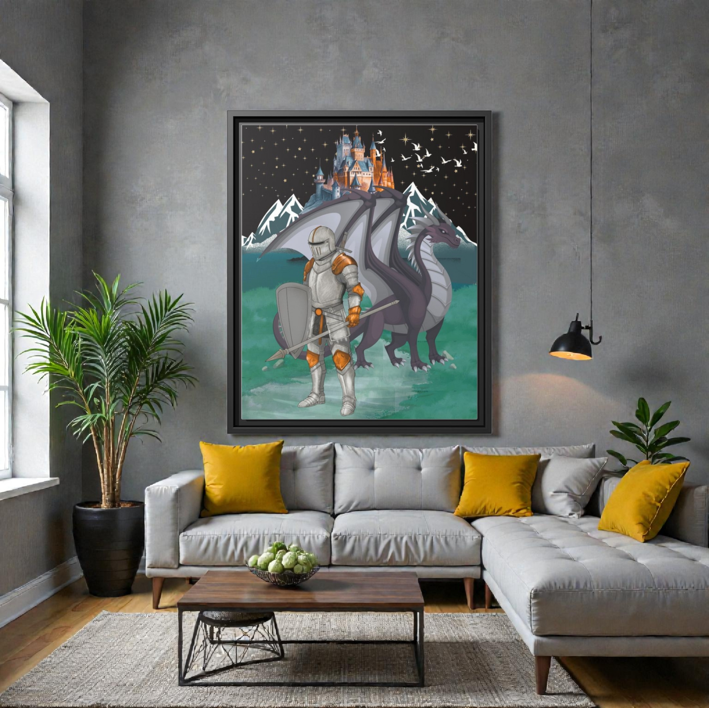 Knight and Dragon Fantasy Art, Framed Matte Canvas