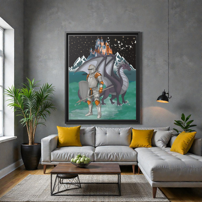 Knight and Dragon Fantasy Art, Framed Matte Canvas