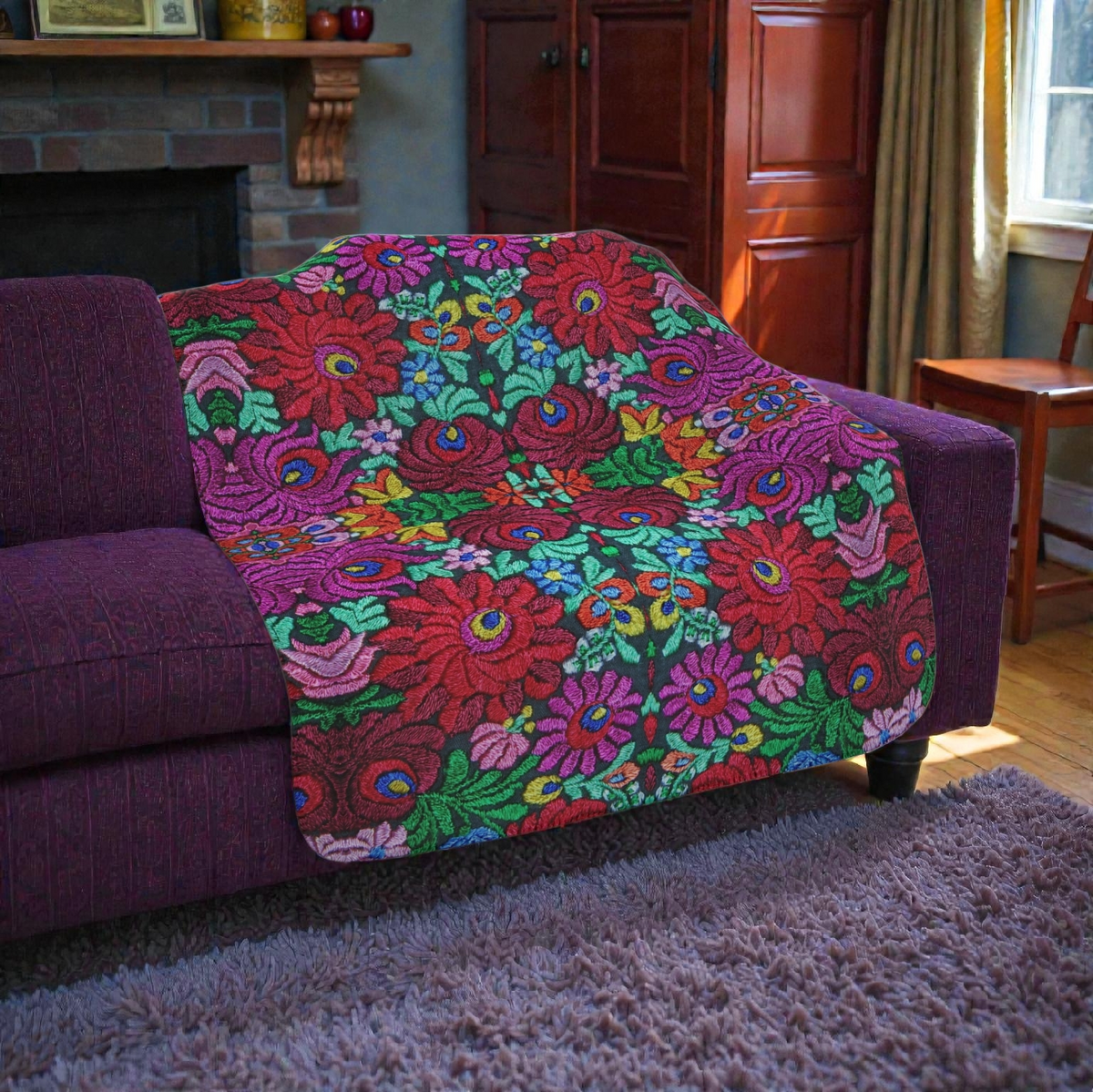 Floral Kaleidoscope Tan Sherpa Blanket — Reversible Plush Throw Printify