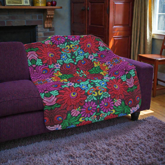 Floral Kaleidoscope Tan Sherpa Blanket — Reversible Plush Throw