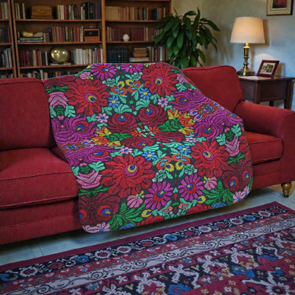 Floral Kaleidoscope Tan Sherpa Blanket — Reversible Plush Throw