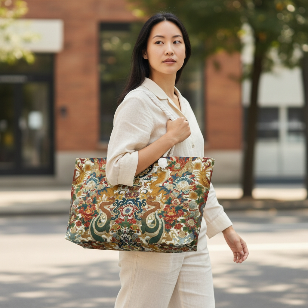 Dragon and Floral Print Weekender Bag — Large Rope-Handle Travel Tote