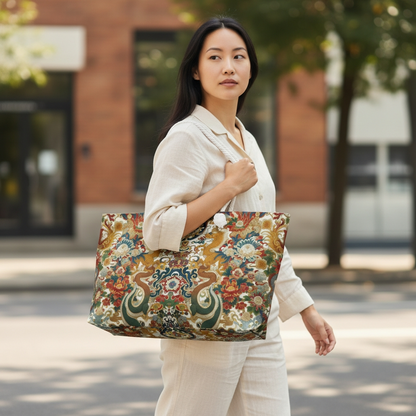 Dragon and Floral Print Weekender Bag — Large Rope-Handle Travel Tote