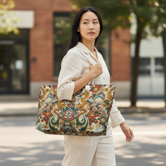 Dragon and Floral Print Weekender Bag — Large Rope-Handle Travel Tote