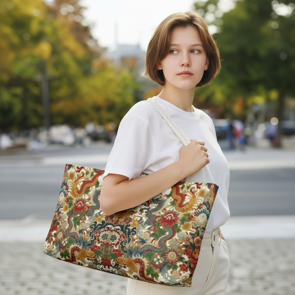 Dragon and Floral Print Weekender Bag — Large Rope-Handle Travel Tote