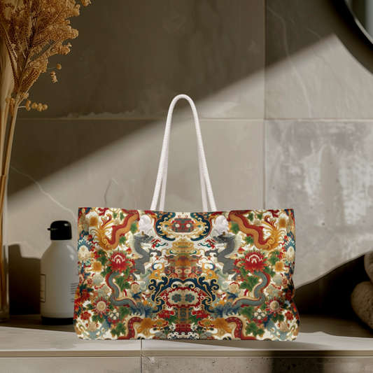 Dragon and Floral Print Weekender Bag — Large Rope-Handle Travel Tote