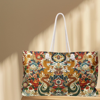 Dragon and Floral Print Weekender Bag — Large Rope-Handle Travel Tote