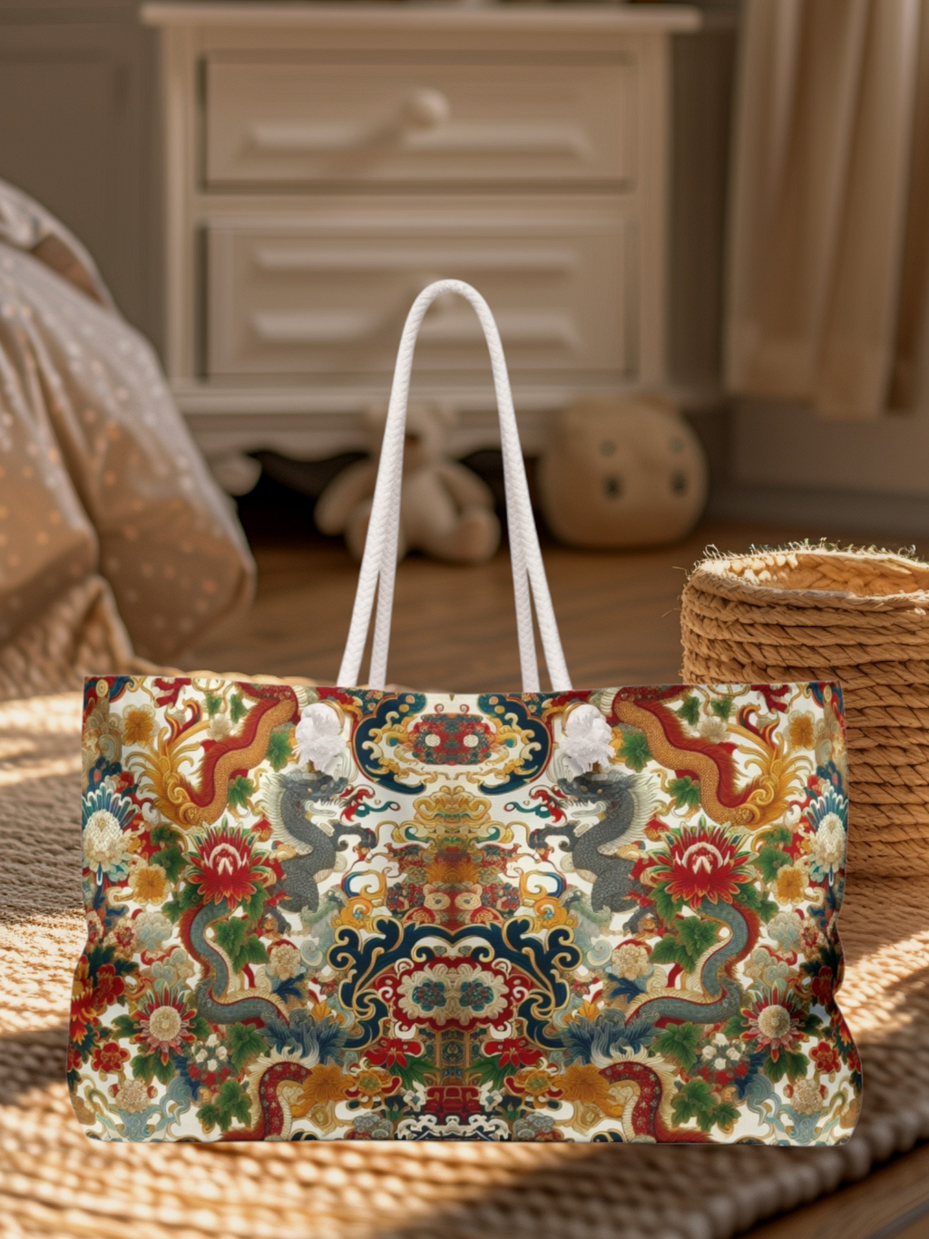Dragon and Floral Print Weekender Bag — Large Rope-Handle Travel Tote Printify