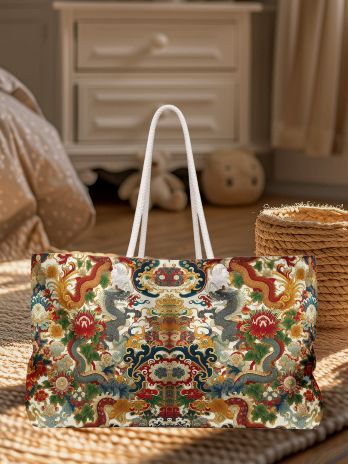 Dragon and Floral Print Weekender Bag — Large Rope-Handle Travel Tote Printify