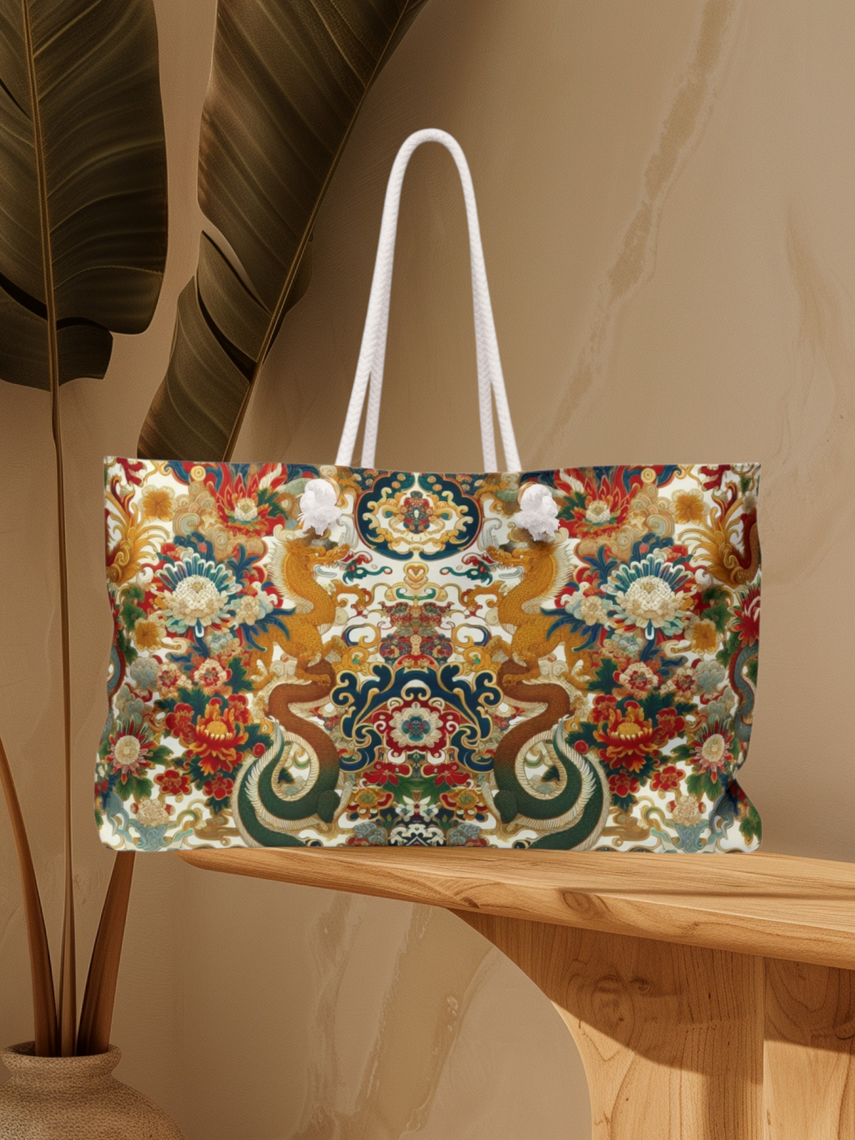 Dragon and Floral Print Weekender Bag — Large Rope-Handle Travel Tote Printify