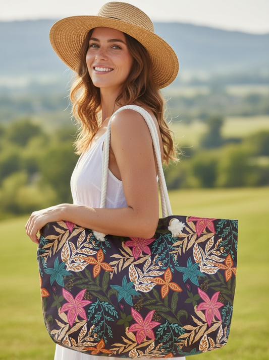 Tropical Floral Weekender Bag — Large Rope-Handle Travel Tote