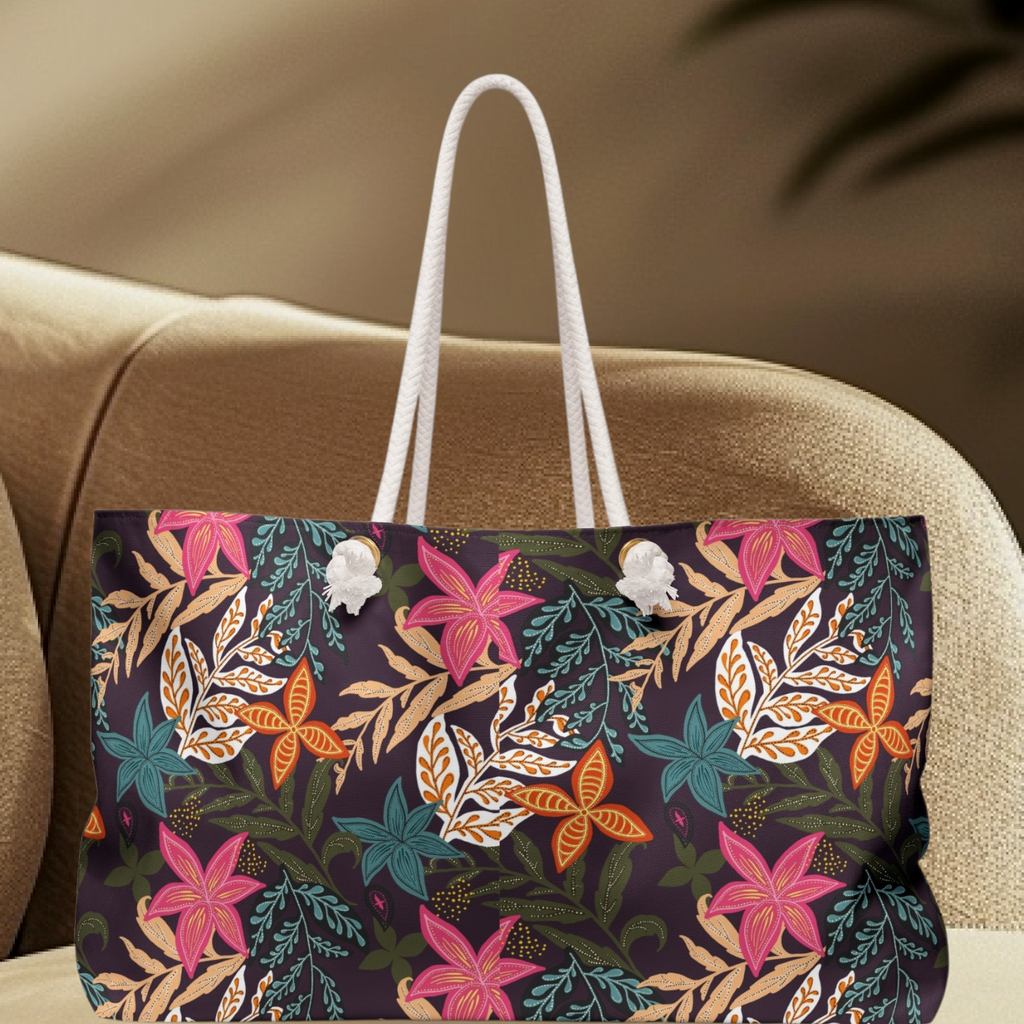 Tropical Floral Weekender Bag — Large Rope-Handle Travel Tote Printify