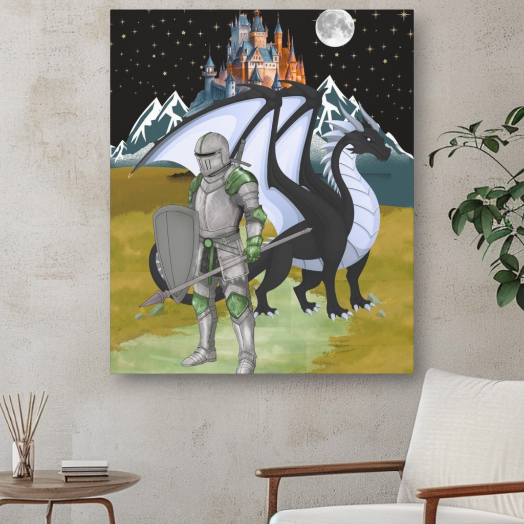 Medieval Knight & Dragon Castle Night Matte Stretched Canvas Printify