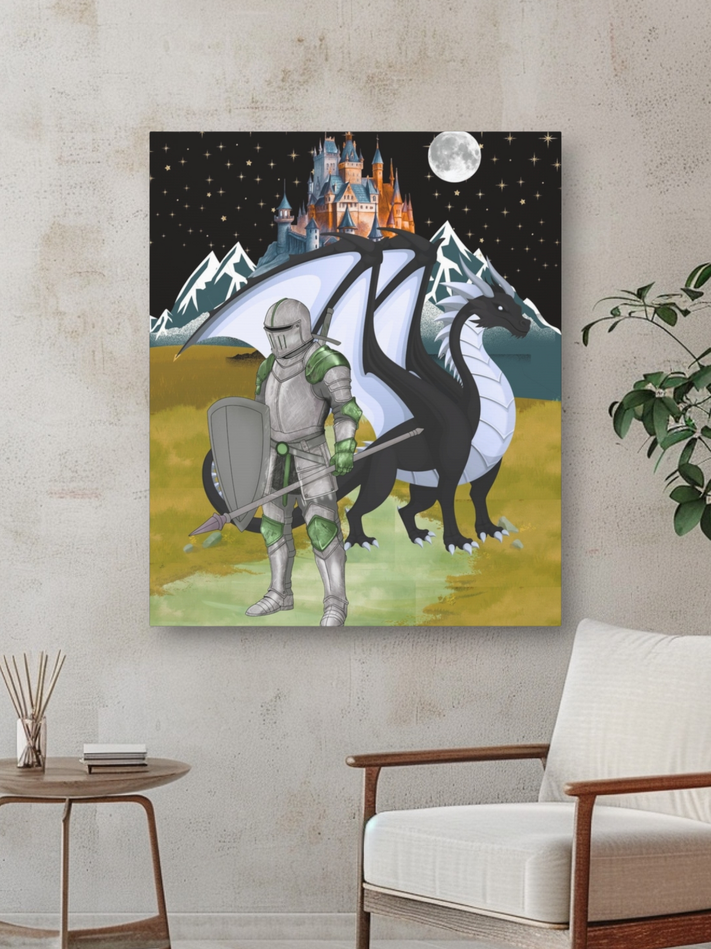 Medieval Knight & Dragon Castle Night Matte Stretched Canvas