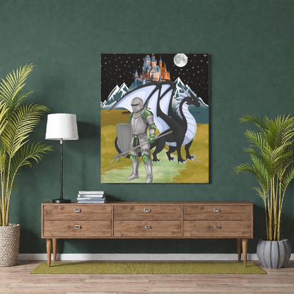 Medieval Knight & Dragon Castle Night Matte Stretched Canvas