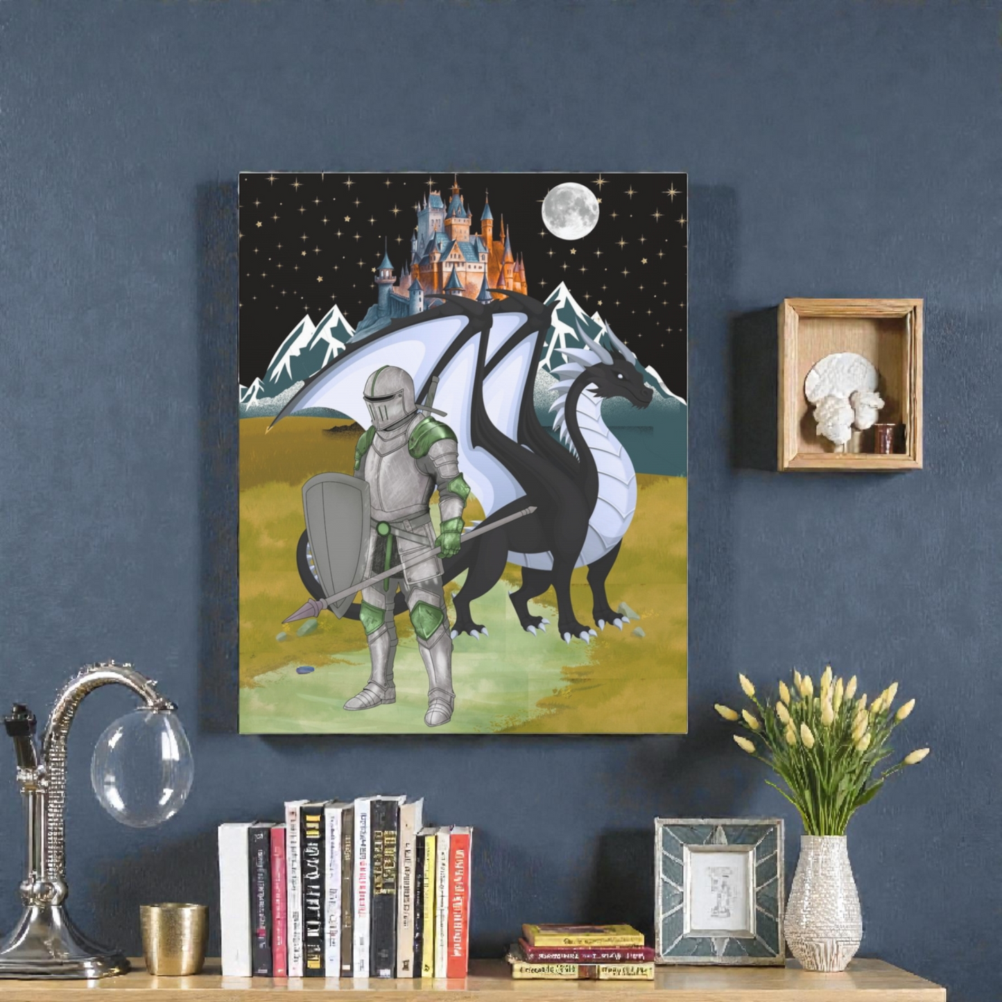 Medieval Knight & Dragon Castle Night Matte Stretched Canvas