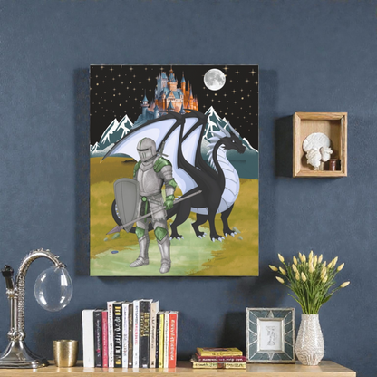 Medieval Knight & Dragon Castle Night Matte Stretched Canvas