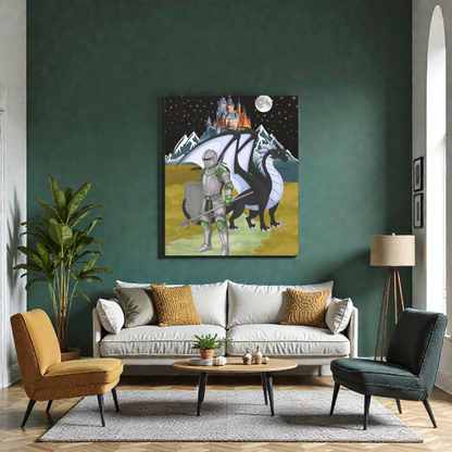 Medieval Knight & Dragon Castle Night Matte Stretched Canvas