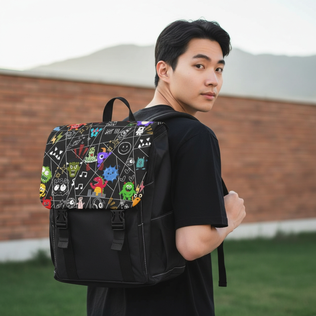 Monsters Cartoon Graphic Backpack — Colorful Shoulder Bag