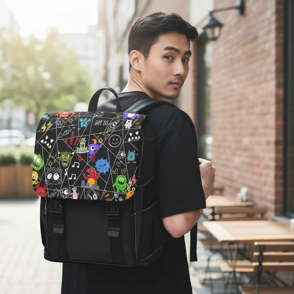 Monsters Cartoon Graphic Backpack — Colorful Shoulder Bag