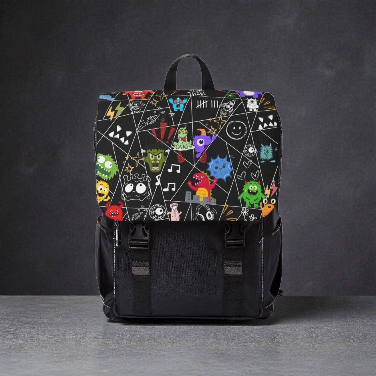 Monsters Cartoon Graphic Backpack — Colorful Shoulder Bag