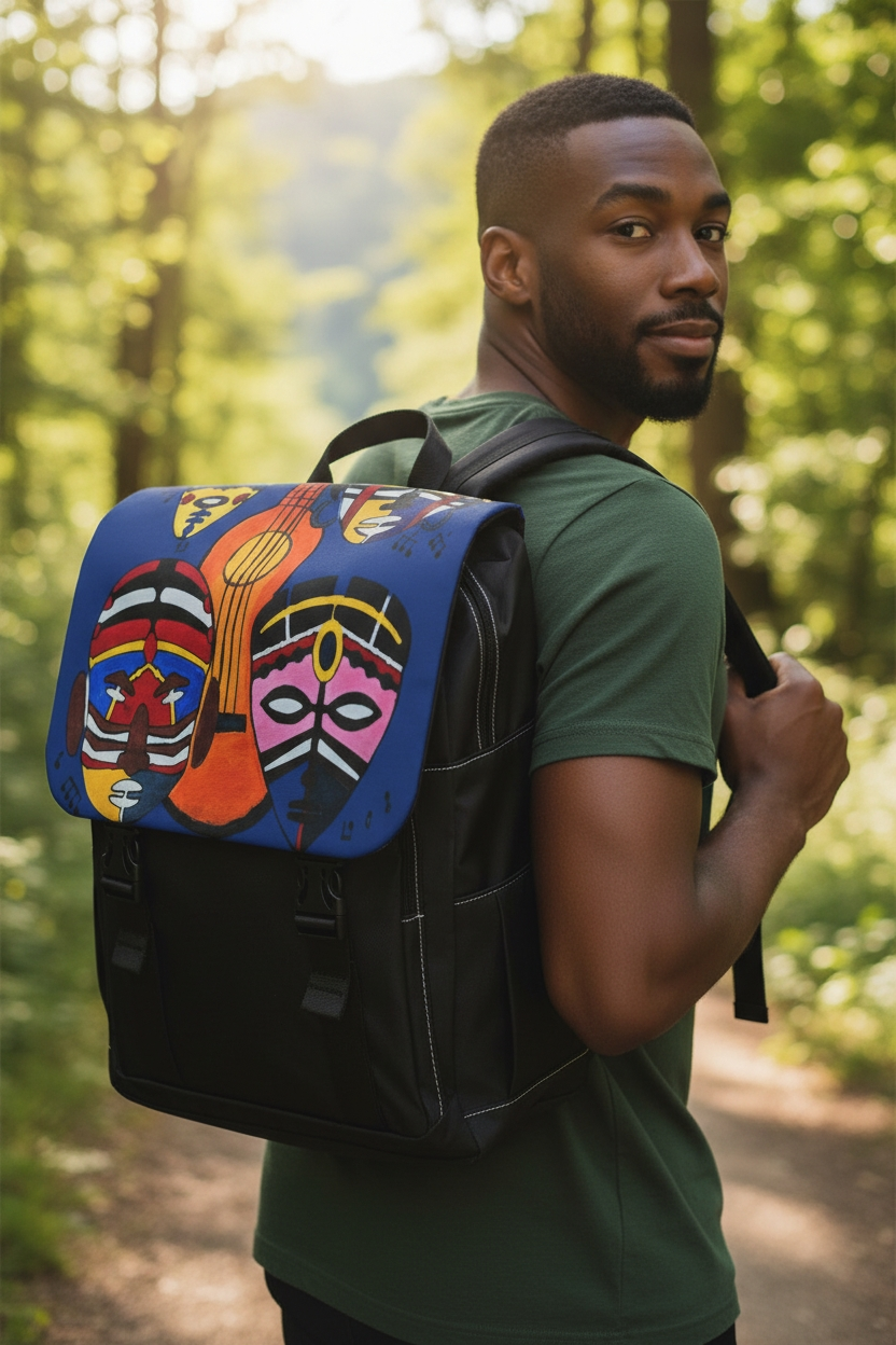 Afro Music Guitar Cartoon Backpack, Handcrafted Unisex Shoulder Bag, Music Lover Gift