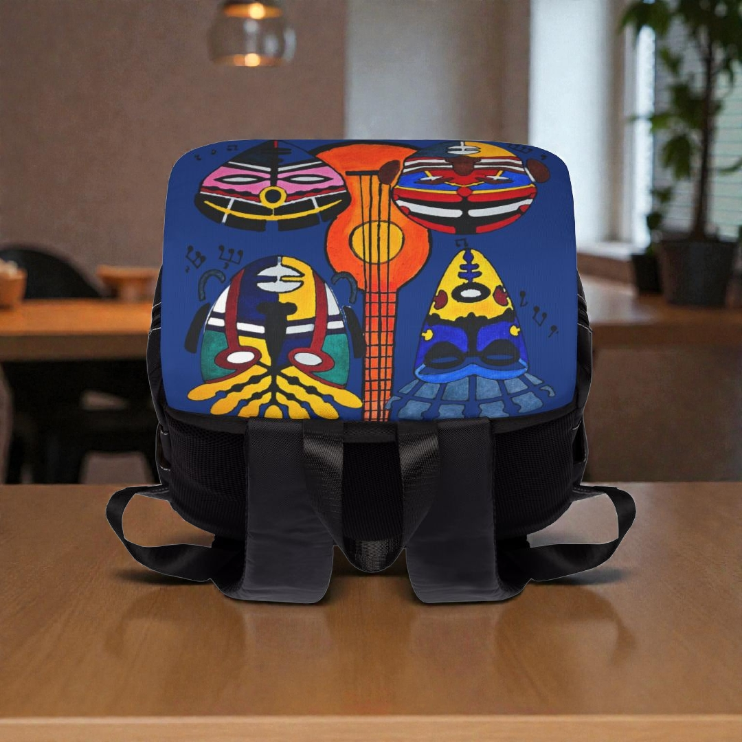 Afro Music Guitar Cartoon Backpack, Handcrafted Unisex Shoulder Bag, Music Lover Gift