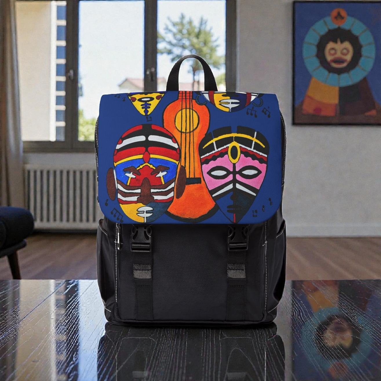 Afro Music Guitar Cartoon Backpack, Handcrafted Unisex Shoulder Bag, Music Lover Gift