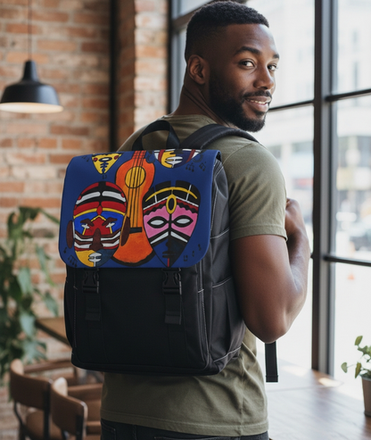 Afro Music Guitar Cartoon Backpack, Handcrafted Unisex Shoulder Bag, Music Lover Gift