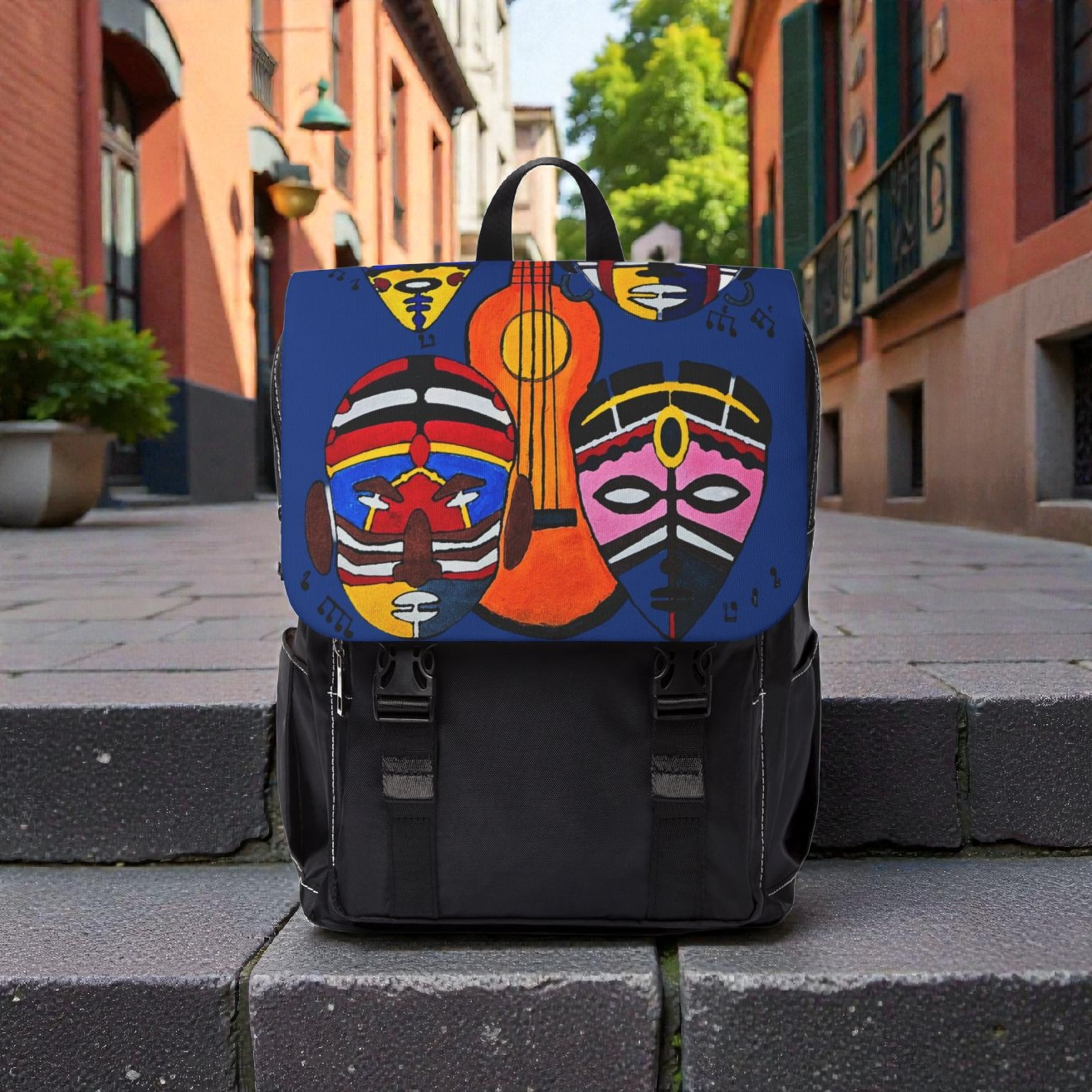 Afro Music Guitar Cartoon Backpack, Handcrafted Unisex Shoulder Bag, Music Lover Gift