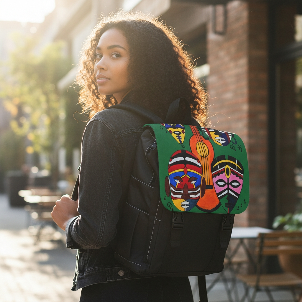 Afro Music Guitar Cartoon Backpack, Handcrafted Unisex Shoulder Bag, Music Lover Gift