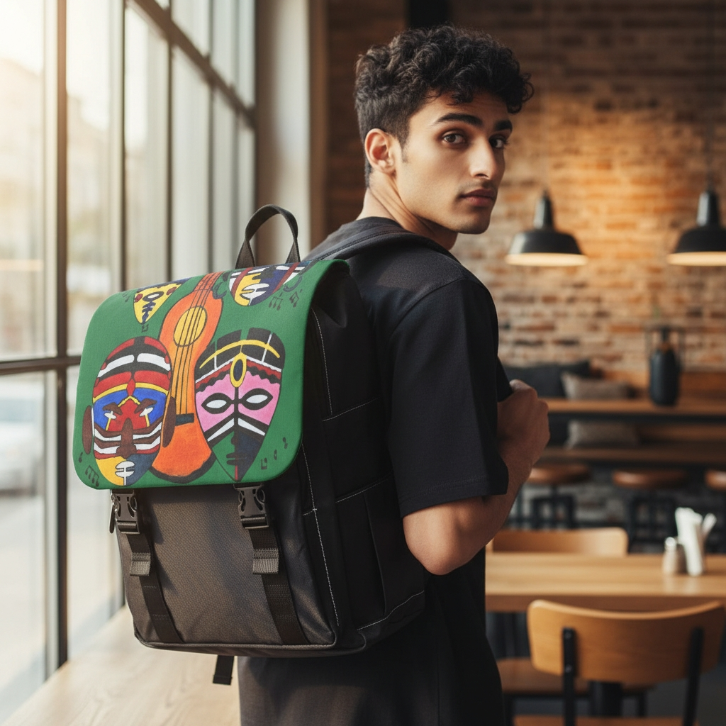 Afro Music Guitar Cartoon Backpack, Handcrafted Unisex Shoulder Bag, Music Lover Gift Printify