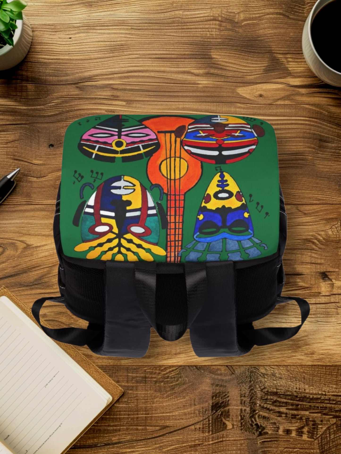 Afro Music Guitar Cartoon Backpack, Handcrafted Unisex Shoulder Bag, Music Lover Gift