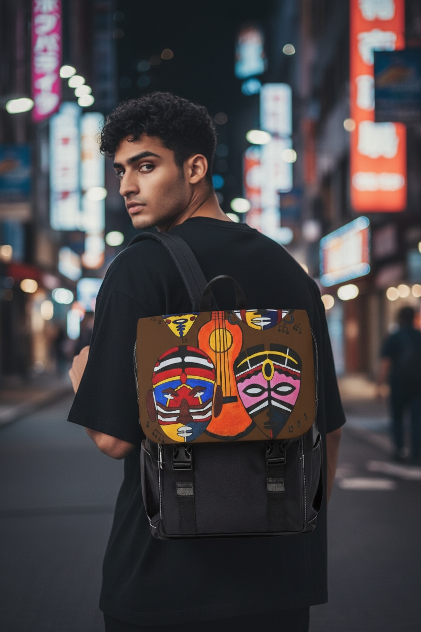 Afro Music Guitar Cartoon Backpack, Handcrafted Unisex Shoulder Bag, Music Lover Gift