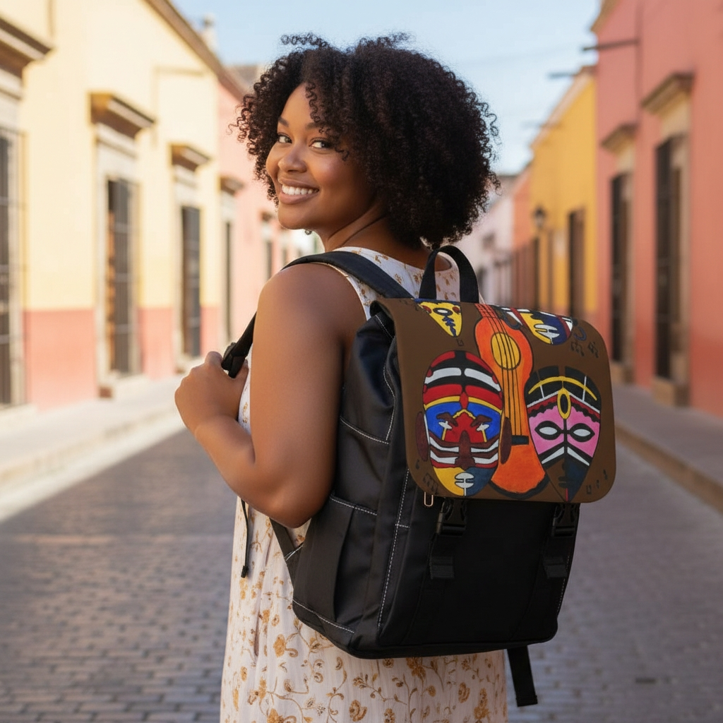 Afro Music Guitar Cartoon Backpack, Handcrafted Unisex Shoulder Bag, Music Lover Gift