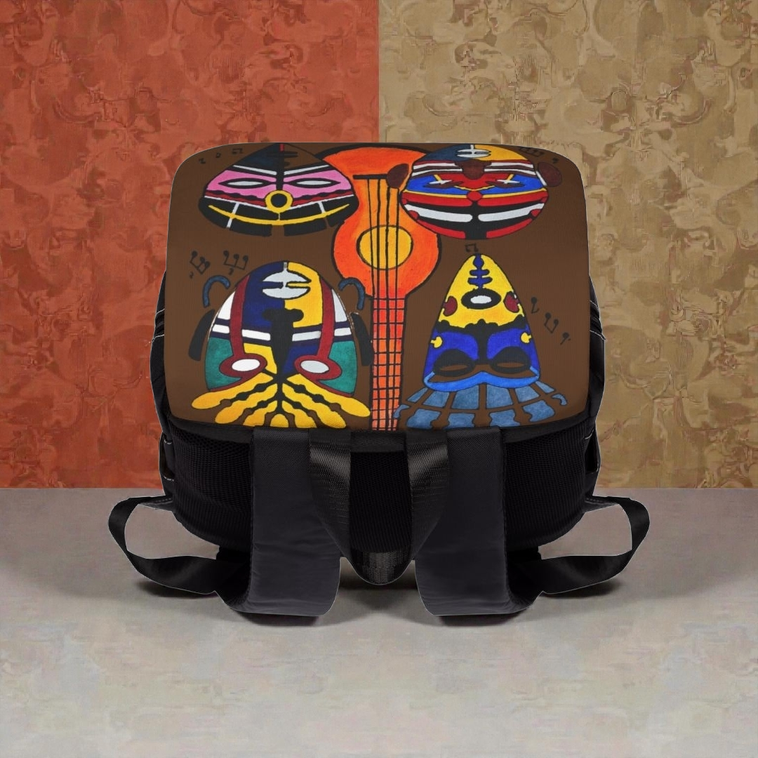 Afro Music Guitar Cartoon Backpack, Handcrafted Unisex Shoulder Bag, Music Lover Gift