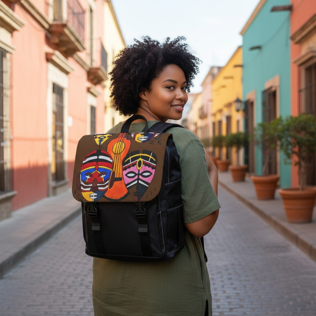 Afro Music Guitar Cartoon Backpack, Handcrafted Unisex Shoulder Bag, Music Lover Gift