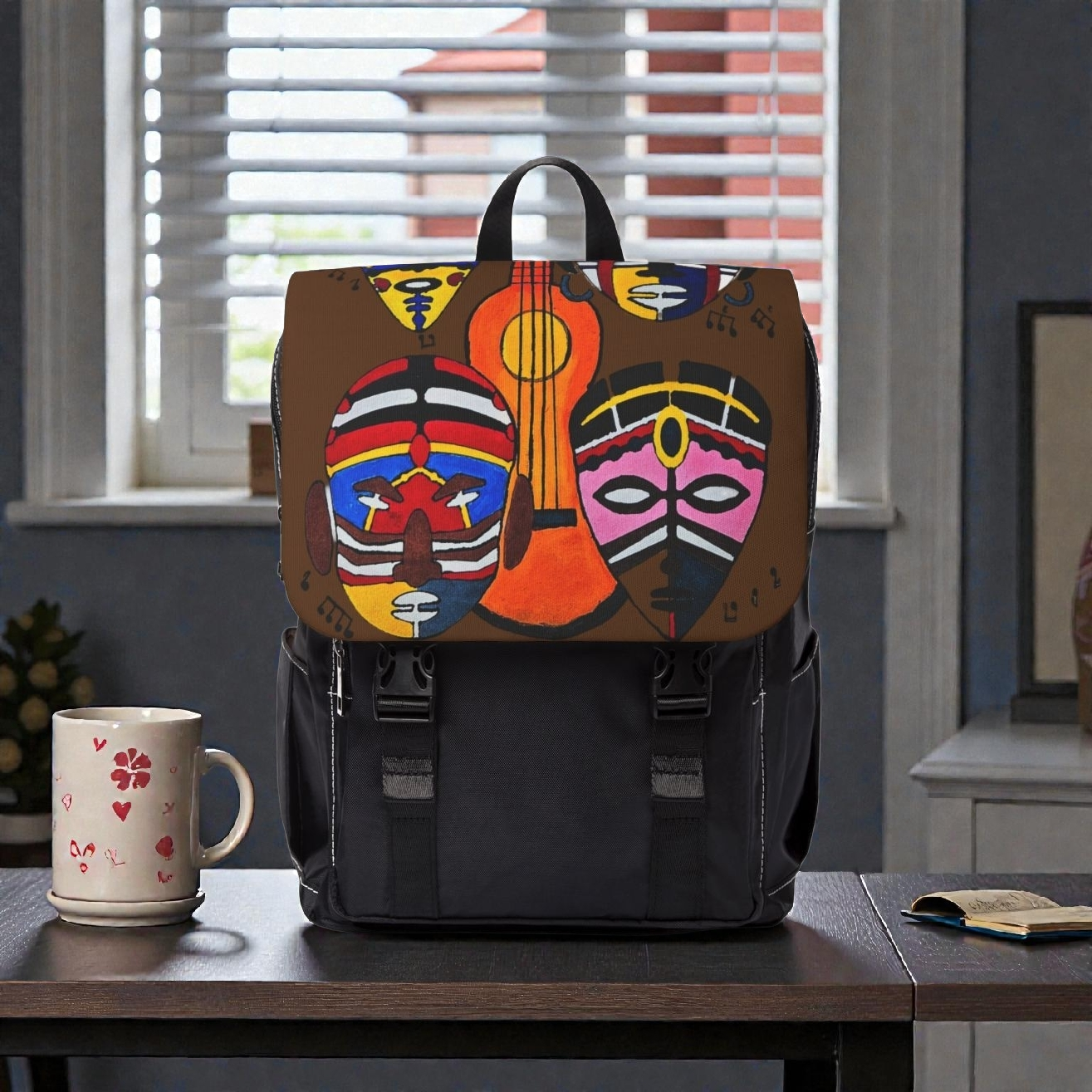 Afro Music Guitar Cartoon Backpack, Handcrafted Unisex Shoulder Bag, Music Lover Gift