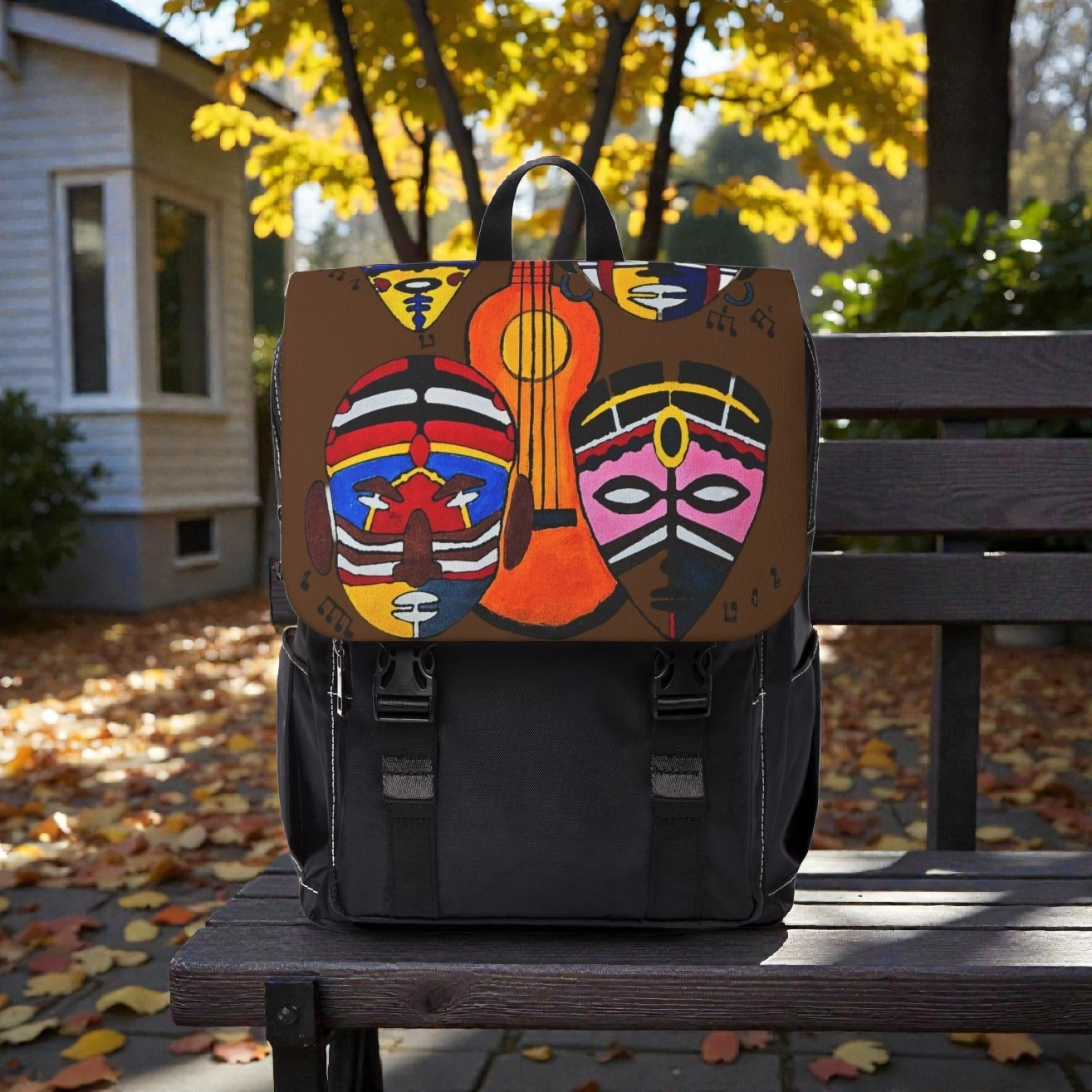 Afro Music Guitar Cartoon Backpack, Handcrafted Unisex Shoulder Bag, Music Lover Gift