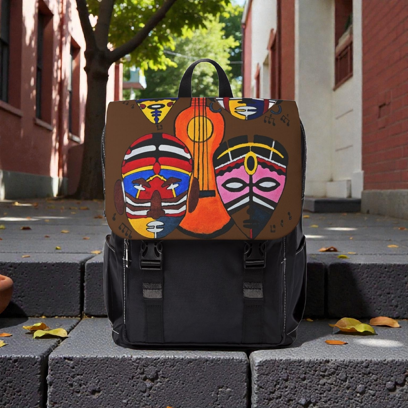 Afro Music Guitar Cartoon Backpack, Handcrafted Unisex Shoulder Bag, Music Lover Gift