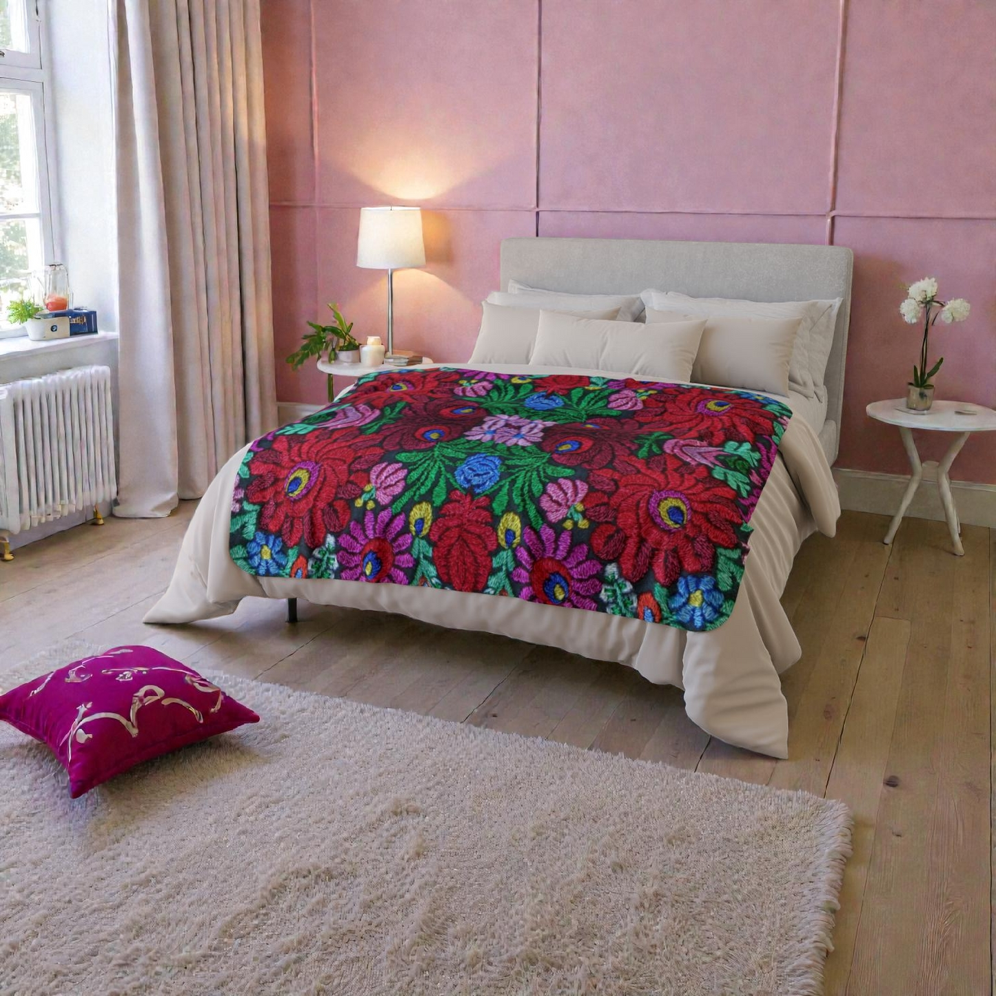 Vibrant Floral Mosaic Sherpa Blanket — Plush Fleece Throw