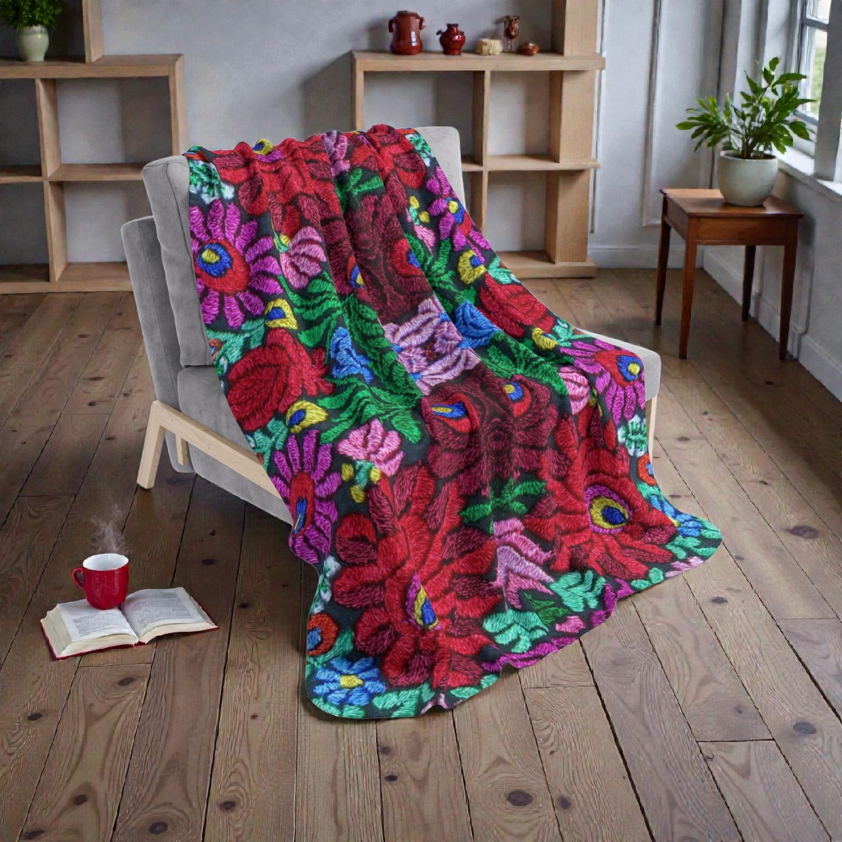 Vibrant Floral Mosaic Sherpa Blanket — Plush Fleece Throw Printify