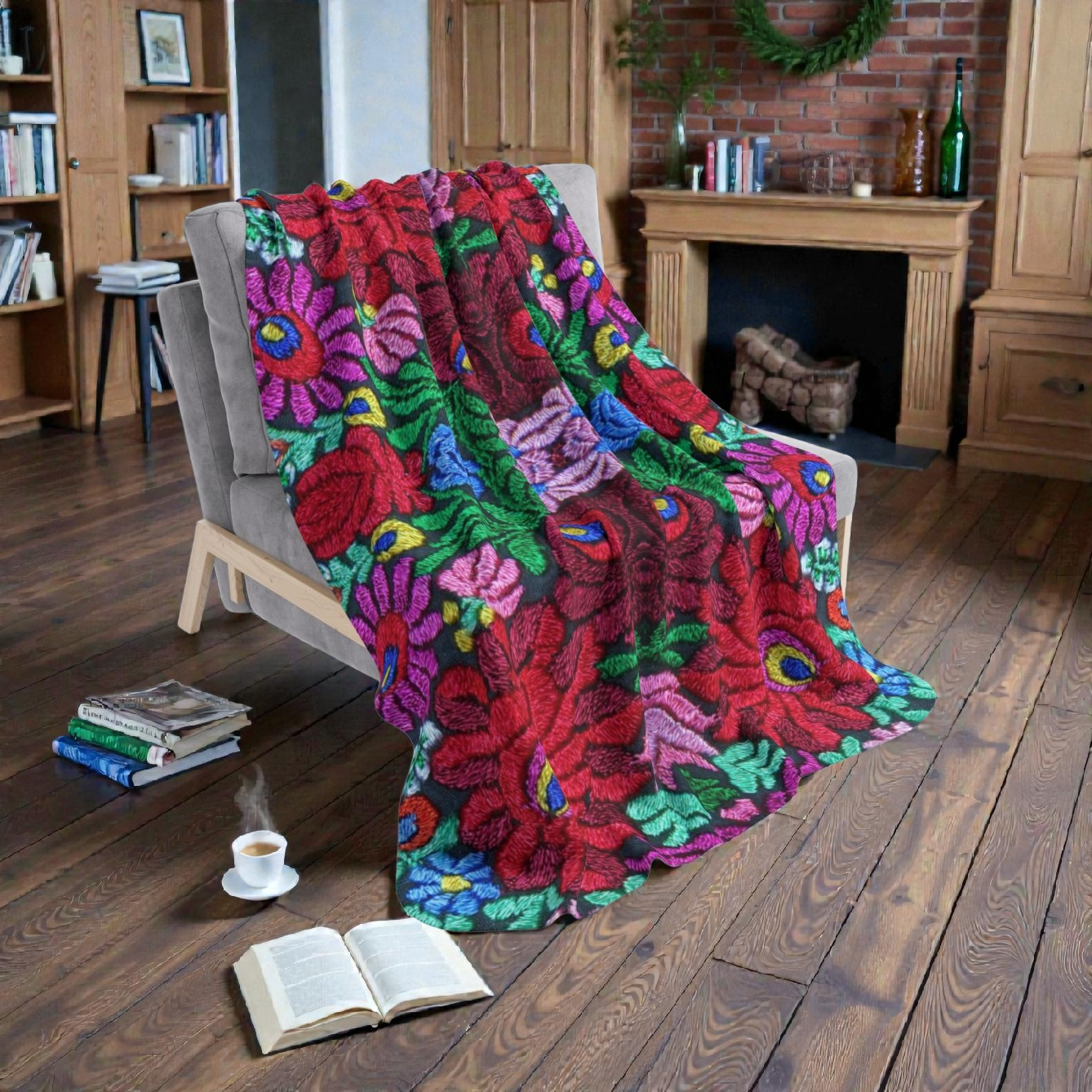 Vibrant Floral Mosaic Sherpa Blanket — Plush Fleece Throw