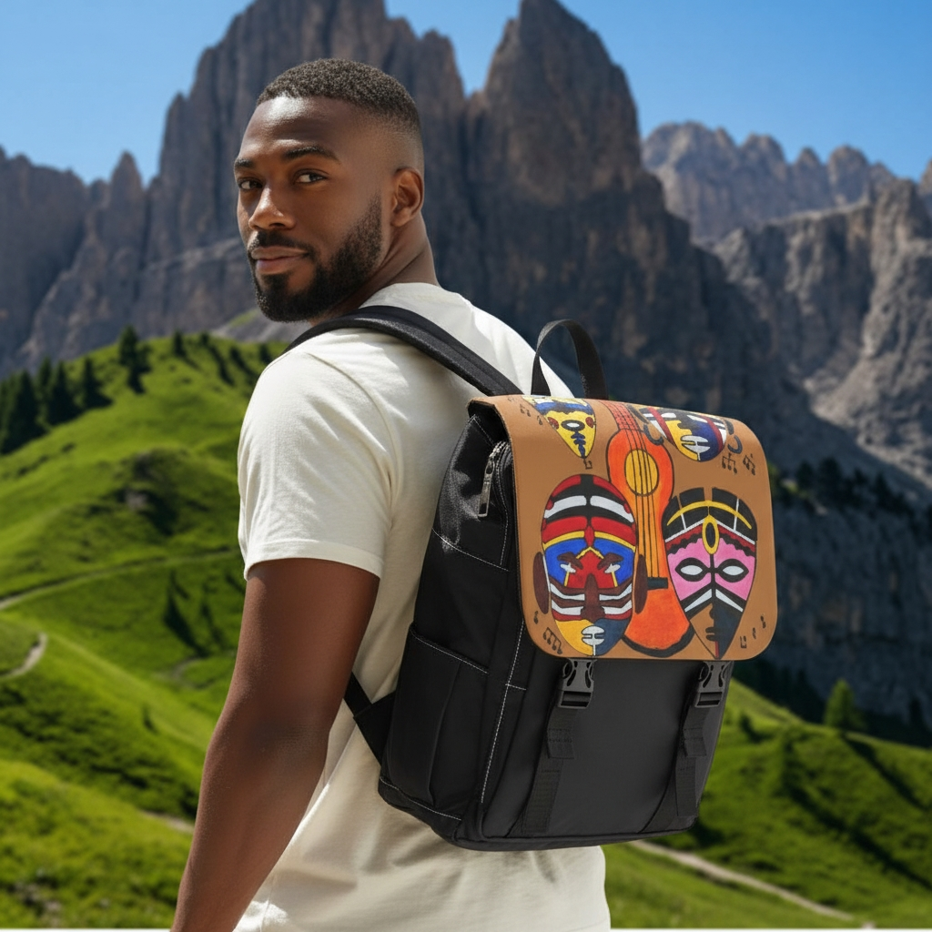 Afro Music Guitar Cartoon Backpack, Handcrafted Unisex Shoulder Bag, School Book Bag